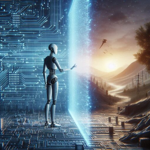 "A futuristic humanoid robot reaching toward an invisible glowing wall, separating a digital landscape from a natural wilderness."