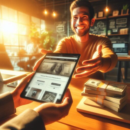 An entrepreneur hands over a glowing tablet displaying a professional website to an excited recipient in a modern coworking space, with money visible on a nearby desk.