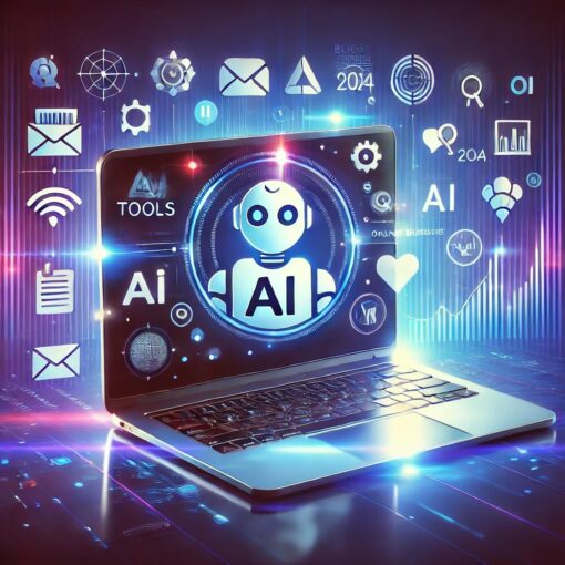 Illustration of AI tools icons around a laptop, symbolizing AI-driven strategies to grow an online business.