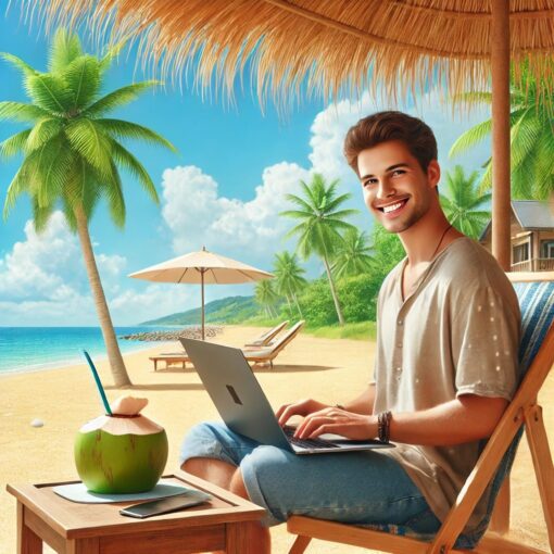 A person working on a laptop on a beach.