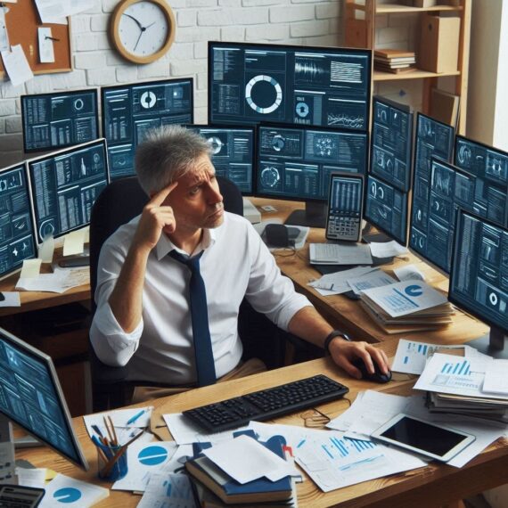 Person sitting at a desk, looking puzzled while deciding between multiple online product options