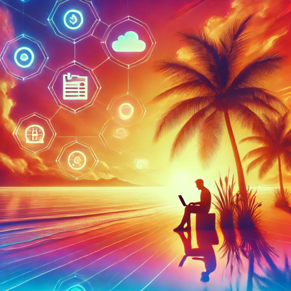 "A digital nomad working on a laptop under a palm tree at a serene beach during sunset, with subtle icons of productivity tools in the sky."