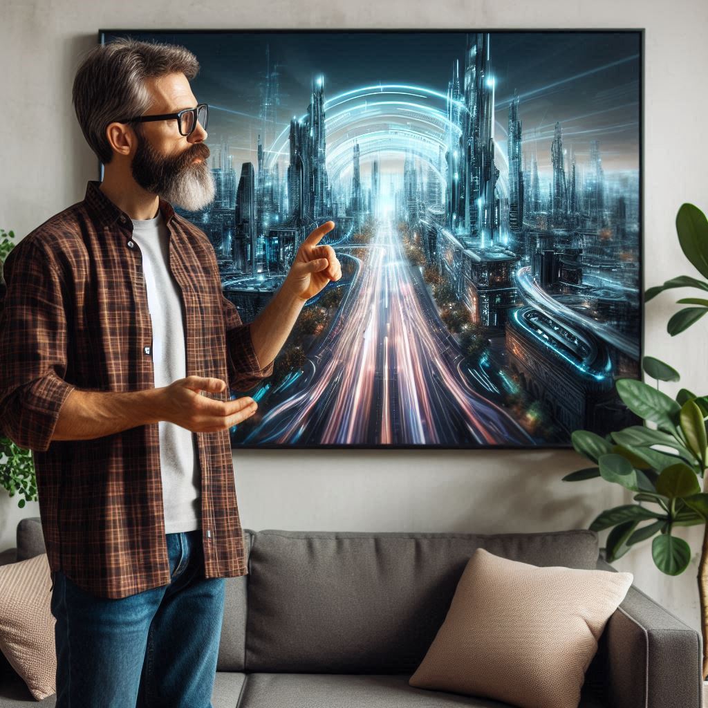 a man puts a futuristic city-scape image on his wall