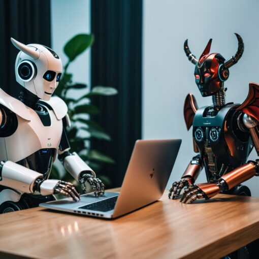 an angelic robot and a demon robot working on laptops