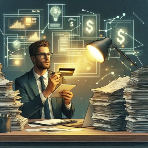 An affiliate marketer sitting at a desk surrounded by stacks of paperwork, holding a credit card while analyzing notes. Digital screens in the background display glowing symbols of wealth and affiliate opportunities.