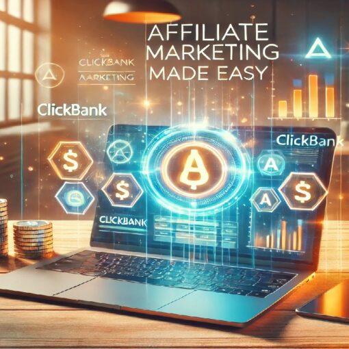 "A sleek laptop on a desk with an affiliate marketing dashboard on the screen, surrounded by symbols of income streams like money stacks, ClickBank, and AdSense logos."