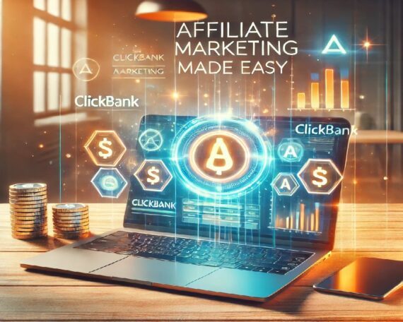 "A sleek laptop on a desk with an affiliate marketing dashboard on the screen, surrounded by symbols of income streams like money stacks, ClickBank, and AdSense logos."