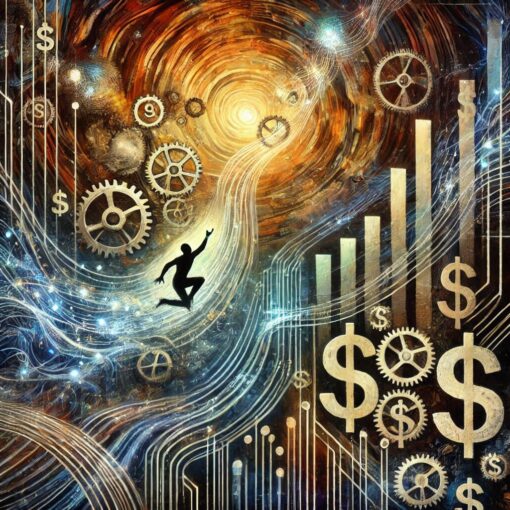 A symbolic representation of financial ambition and growth, featuring swirling pathways, gears, dollar signs, and a figure reaching upwards towards a glowing vortex.