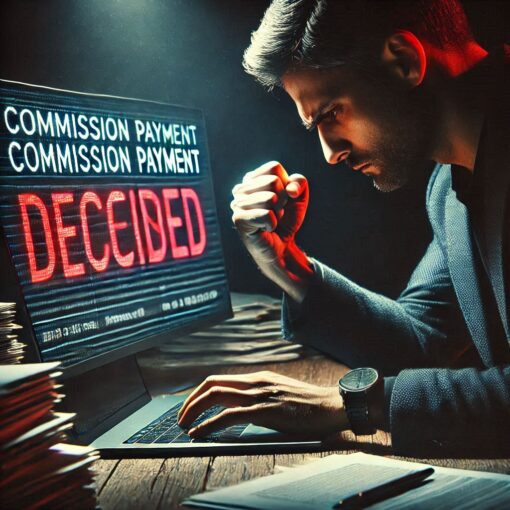 Businessman looking intently at a laptop screen displaying "commission payment declinded" in red text.