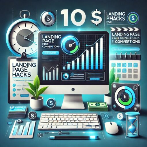 Illustration of a computer screen with a landing page mockup, a trending upward graph, a checklist, dollar signs, and a timer, representing strategies to optimize affiliate landing pages.