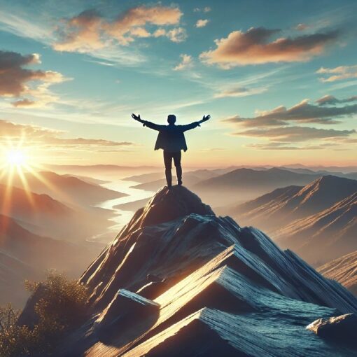 "A person standing triumphantly on a mountain peak at sunrise, symbolizing success, positivity, and personal growth."