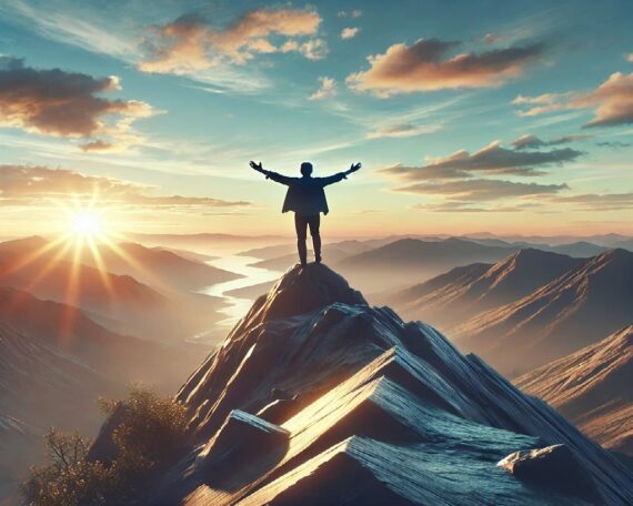 "A person standing triumphantly on a mountain peak at sunrise, symbolizing success, positivity, and personal growth."