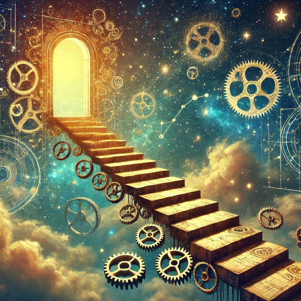 A symbolic staircase carved from failures like broken gears and discarded blueprints, each step glowing faintly with a soft golden hue, leading to a floating archway of light in a vast celestial space filled with drifting stars and constellations