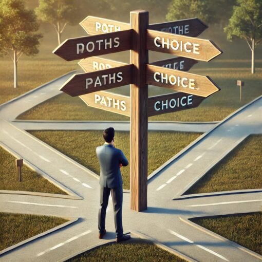 Man standing at a crossroads with multiple signs reading "Paths" and "Choices"