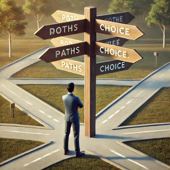Man standing at a crossroads with multiple signs reading "Paths" and "Choices"