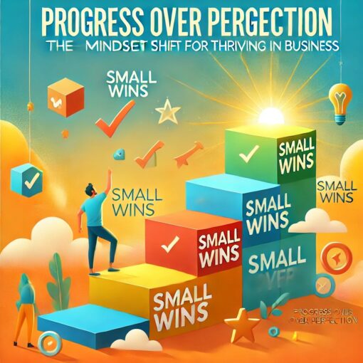 Illustration of a person climbing colorful blocks labeled 'Small Wins,' with a glowing light at the top symbolizing success. Includes motivational elements like a sunrise, arrows, stars, and text overlay: 'Progress Over Perfection: The Mindset Shift for Thriving in Business.'