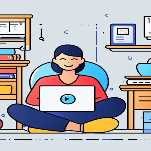 Cartoon person sitting cross-legged with a laptop, surrounded by books and desks in a home study setup