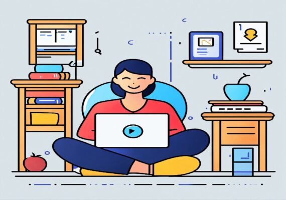Cartoon person sitting cross-legged with a laptop, surrounded by books and desks in a home study setup