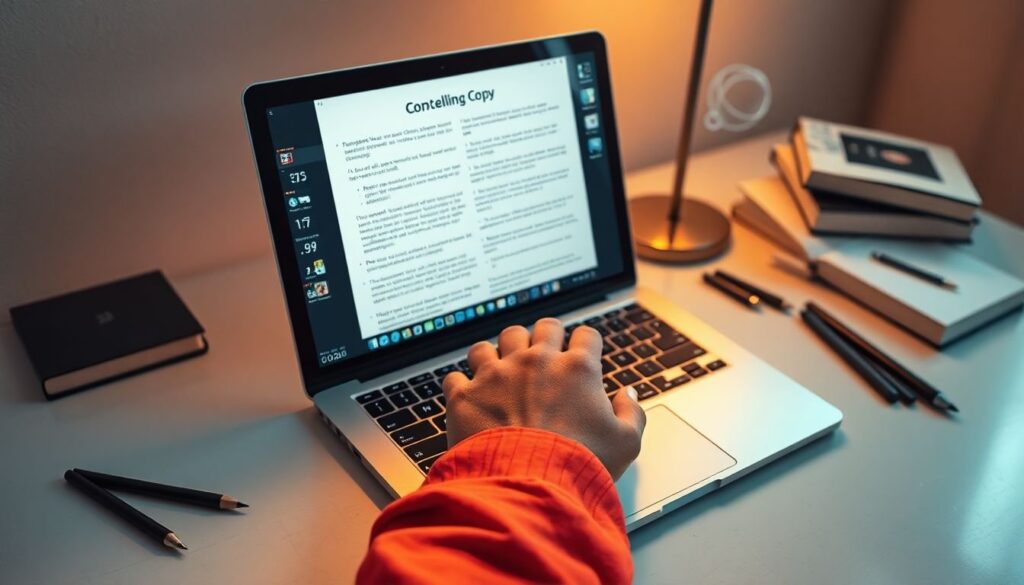 A person wearing an orange sweater types on a laptop displaying a document titled "Compelling Copy," surrounded by a desk lamp, books, and stationery.