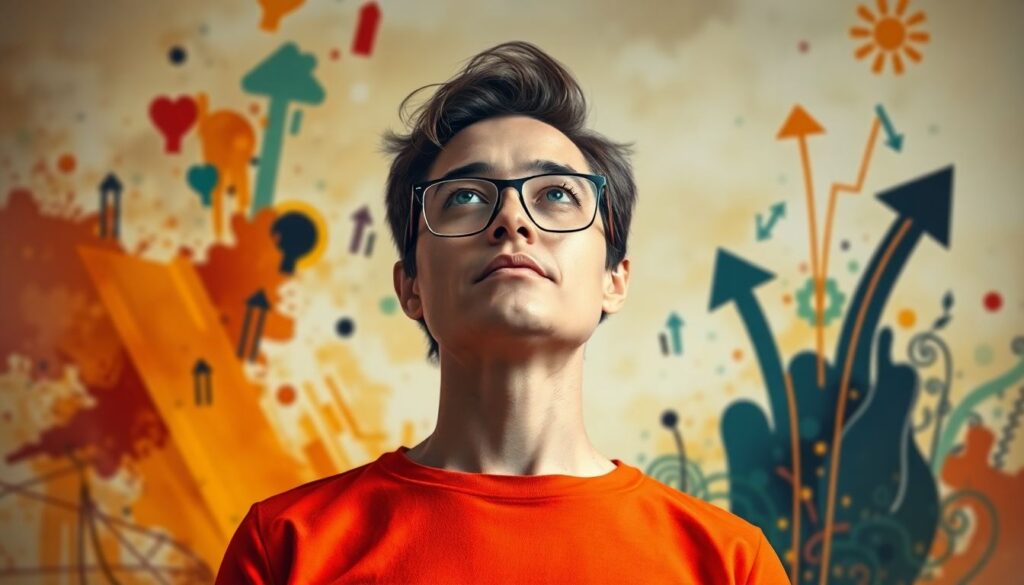 A young man wearing glasses and an orange shirt looks up with a thoughtful expression. The background is an artistic blend of arrows, hearts, and abstract shapes, symbolizing creativity, growth, and positive mindset shifts.