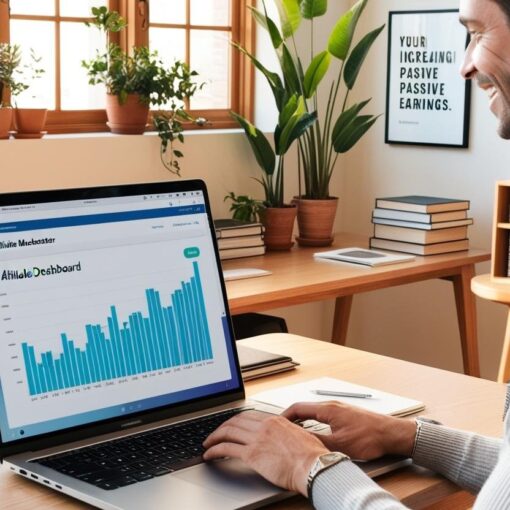 Open laptop showing data charts surrounded by notebooks, phones, and coffee on a desk in front of city skyline — representing affiliate product research and analysis.