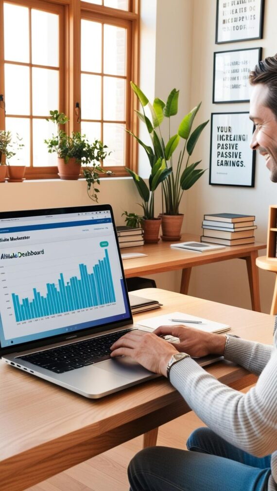 Open laptop showing data charts surrounded by notebooks, phones, and coffee on a desk in front of city skyline — representing affiliate product research and analysis.