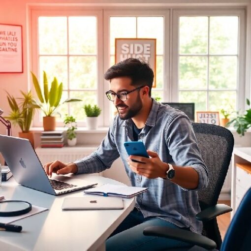Man working at a desk with a laptop and phone, building his side hustle into a full-time online business from home