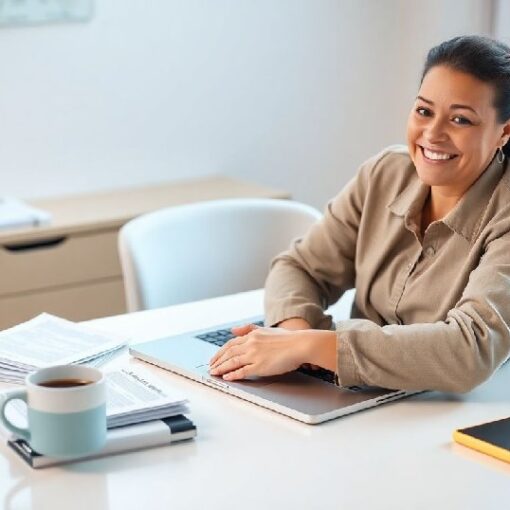 Smiling woman working on a laptop while creating an online mini course.
