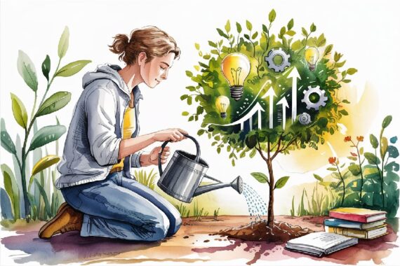 Person watering small plants at sunrise, symbolising the early stages of affiliate marketing growth