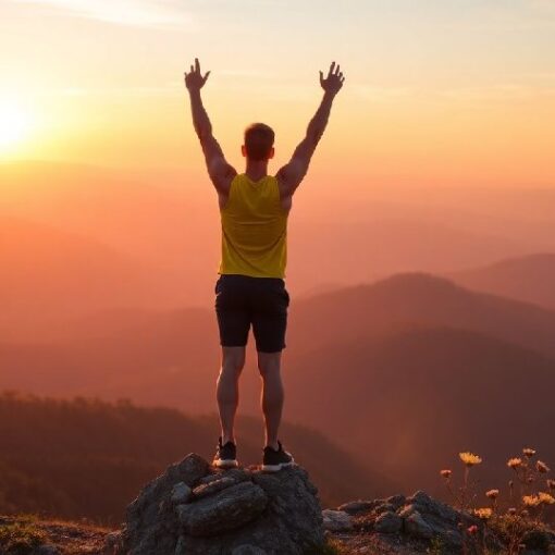 Man celebrating victory on mountain peak at sunrise