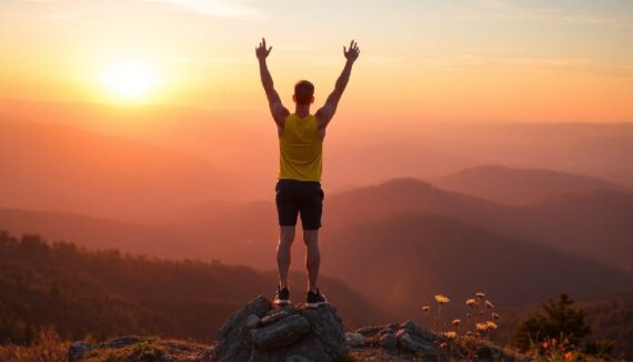 Man celebrating victory on mountain peak at sunrise