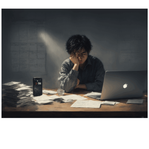 Illustration of a frustrated freelancer surrounded by unpaid invoices, a frozen payout screen, and pending payment notifications.