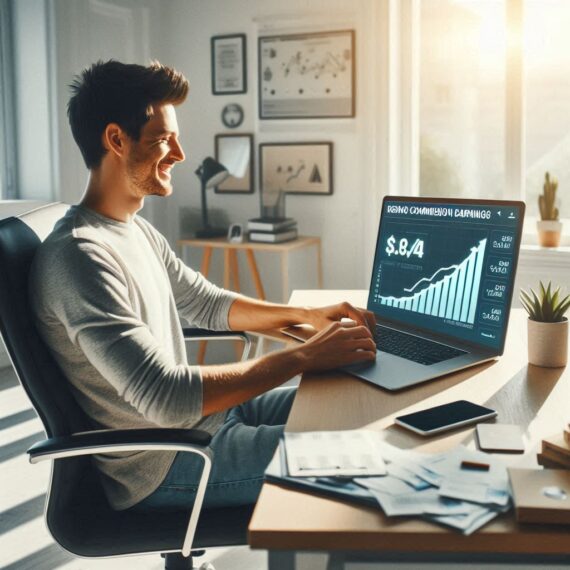 A confident affiliate marketer sits at a modern home desk, smiling while viewing growing commission earnings on their laptop, surrounded by symbols of online business success.
