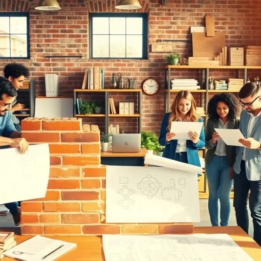 Team laying bricks and reviewing plans