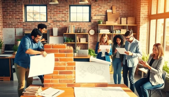 Team laying bricks and reviewing plans