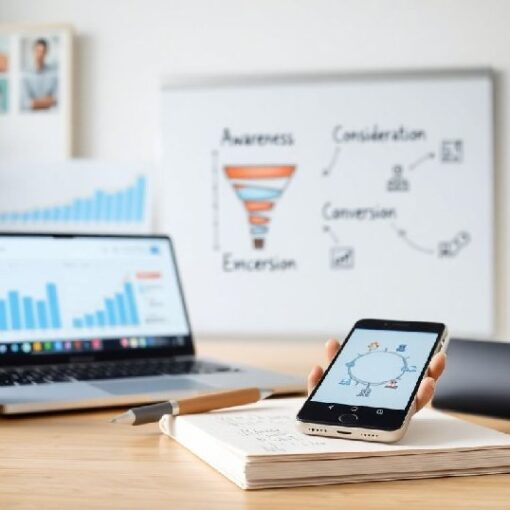 Laptop and smartphone showing sales data with funnel diagram in background