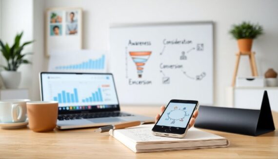 Laptop and smartphone showing sales data with funnel diagram in background