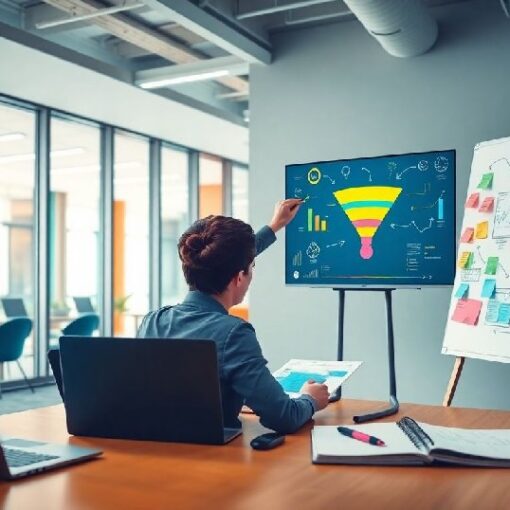 Woman creating a digital marketing sales funnel with charts and sticky notes in a modern office