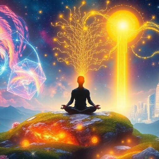 A meditating silhouette on a vibrant mound, with abstract golden light and geometric structures radiating outwards from their head, towards a distant cityscape. Cosmic swirls surround the scene.