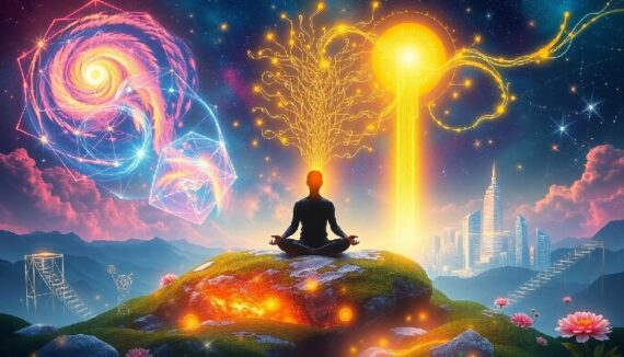 A meditating silhouette on a vibrant mound, with abstract golden light and geometric structures radiating outwards from their head, towards a distant cityscape. Cosmic swirls surround the scene.