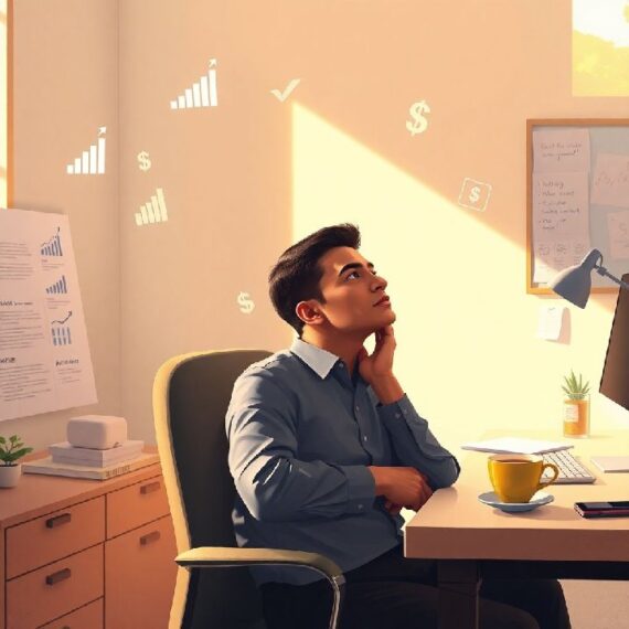 Focused entrepreneur sitting at a desk, surrounded by subtle symbols of success and mindset, in a calm, sunlit workspace.