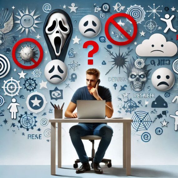 Frustrated man at laptop with chaotic symbols and sad faces in background