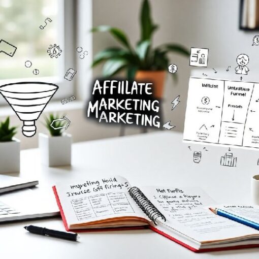 Hand-drawn affiliate marketing funnel diagram floating above a desk with a laptop and notebooks.
