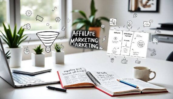 Hand-drawn affiliate marketing funnel diagram floating above a desk with a laptop and notebooks.
