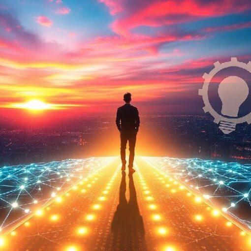 Person standing on a futuristic illuminated path at sunrise, symbolising personal growth, innovation, and taking action towards success.