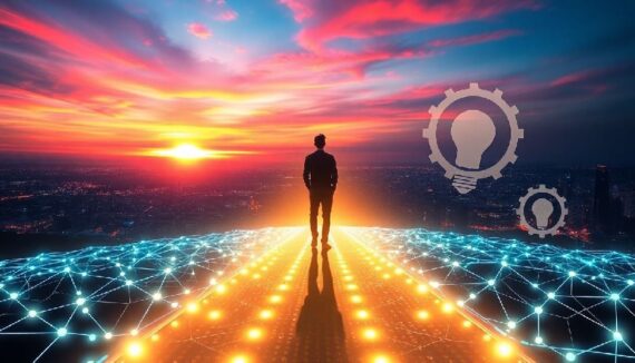 Person standing on a futuristic illuminated path at sunrise, symbolising personal growth, innovation, and taking action towards success.