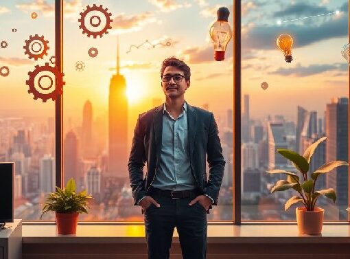 Man in a modern office at sunrise with floating gears and lightbulbs, symbolising a mindset shift from employee to entrepreneur.