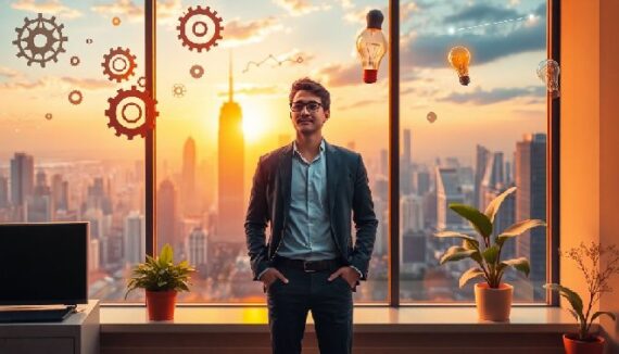 Man in a modern office at sunrise with floating gears and lightbulbs, symbolising a mindset shift from employee to entrepreneur.