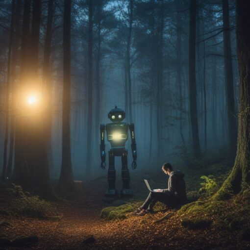 Cartoon-style misty forest at night with a digital marketer holding a laptop, surrounded by ghostly error messages and a friendly robot shining a light