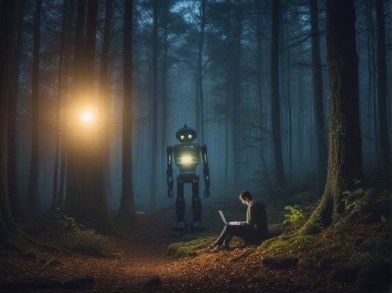 Cartoon-style misty forest at night with a digital marketer holding a laptop, surrounded by ghostly error messages and a friendly robot shining a light